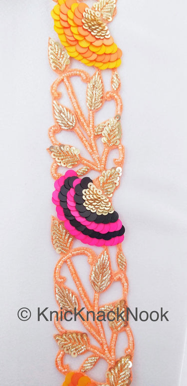 Pink / Peach Indian Beaded Lace Trim, Handmade, Sequins Trim